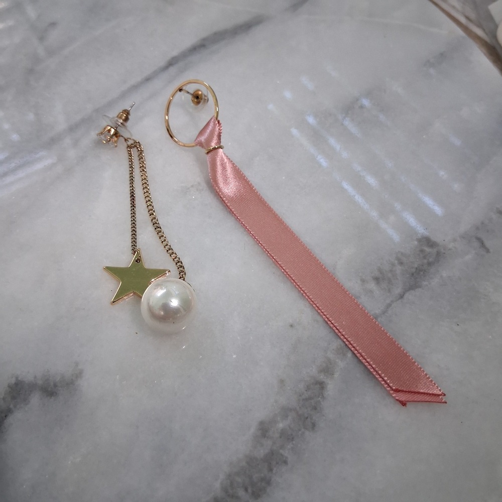 Star Pearl Rhinestone Pink Ribbon Chain Dangle Boho Earrings - Picture 7 of 7